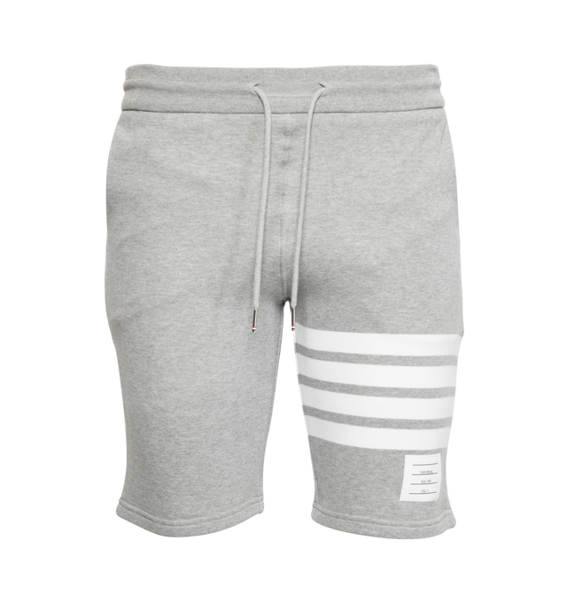 Image 1 of 4 - GREY - THOM BROWNE cotton sweat shorts with pull-on elasticized waist featuring drawcords and stripe detail at leg. 
