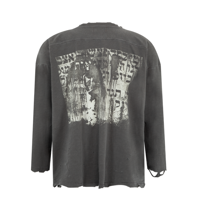 Image 2 of 2 - GREY - ENFANTS RICHES DEPRIMES Black Paintings Hockey Jersey featuring 3/4 length sleeve, heavyweight slub jersey, rib-knit neckline, double-panel shoulder and elbow pad detail, printed artwork at the front and back, a signature vintage wash process and distressing throughout.