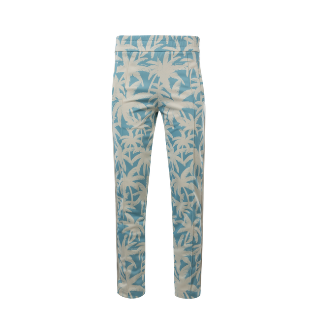 Image 1 of 3 - BLUE - PALM ANGELS Palms Allover Track Pants featuring allover print, elasticized waist, vertical pockets, bands down legs and ankle zippers. 98% polyester, 2% elastane. 