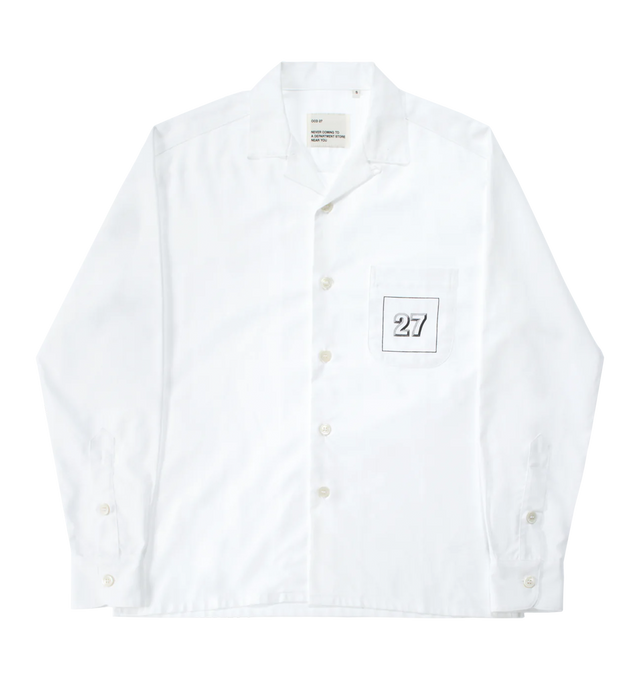 Image 1 of 4 - WHITE - OCD 27 Camp Collar Oxford Shirt featuring Mother of Pearl button front closure, notched collar, long sleeves, button cuffs and patch pocket with logo on chest. Thomas Mason oxford cloth.