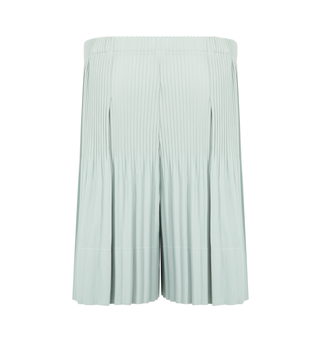 Image 2 of 3 - GREEN - Issey Miyake Men's shorts designed for portability and lightweight comfort, with the quick-drying properties unique to polyester. Featuring elastic drawstring waist, pockets on both sides and button-fly design. 100% Polyester. Made In Japan.