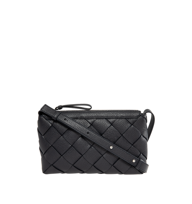 Image 1 of 3 - BLACK - BOTTEGA VENETA Diago Zipped Messenger Bag featuring zipped cross-body bag in grained Intreccio leather with adjustable strap, single interior zipped pocket and two flat open pockets. Calfskin. Lining: canvas. 5.9" x 9.8" x 2". Strap drop: 19.7". Made in Italy.