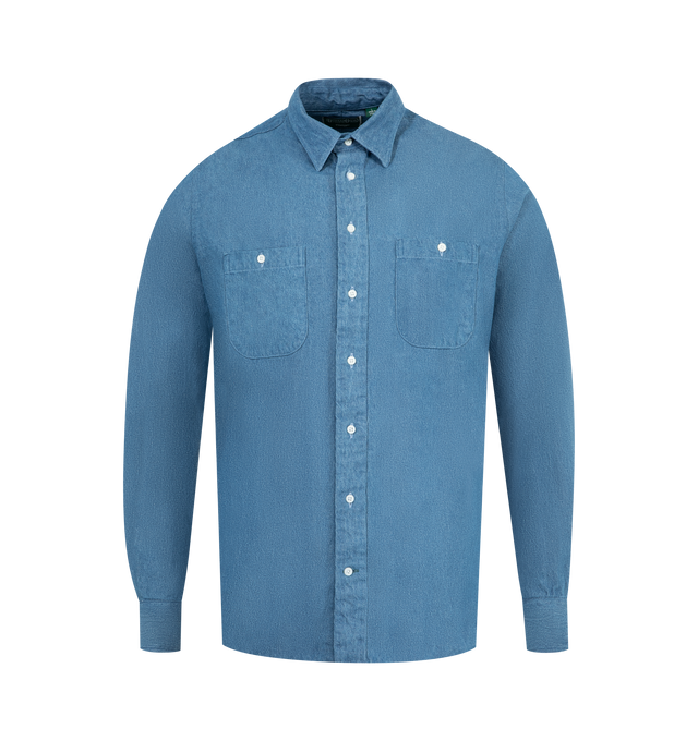 Image 1 of 2 - BLUE - GITMAN BROS Denim Work Shirt featuring medium weight denim fabric, pre-rinsed, custom chalk buttons, two front chest pockets and two rear side pleats. 100% cotton. Made in Ashland, PA.