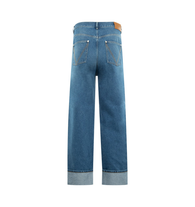 Image 2 of 3 - BLUE - Medium Indigo Turned-Up Jeans featuring wide leg, turned-up hem, embossed Intrecciato leather patch and button closure. 100% cotton. Made in Italy.