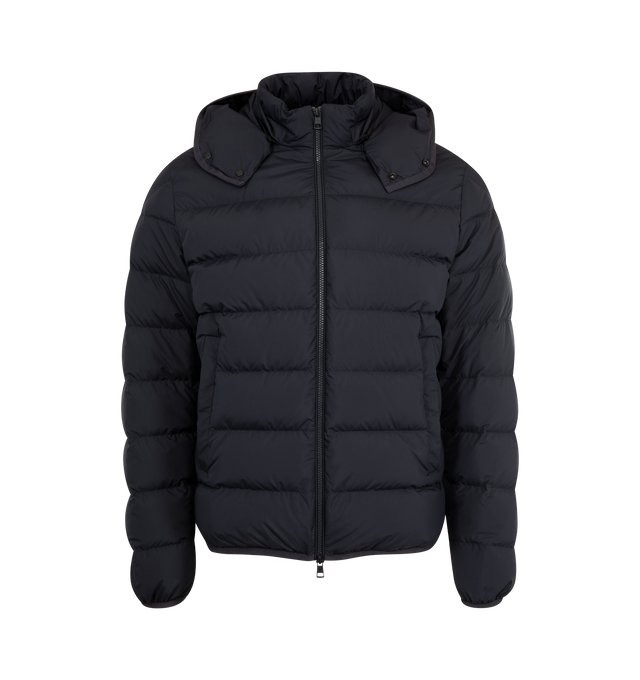 Image 1 of 4 - NAVY - MONCLER Montbrocq Jacket featuring polyester lining, down-filled, detachable and adjustable hood, zipper closure, pockets with button closure, zipped inner pockets, elastic cuffs and logo trim. 100% polyester. Padding: 90% down, 10% feather. Made in Armenia.