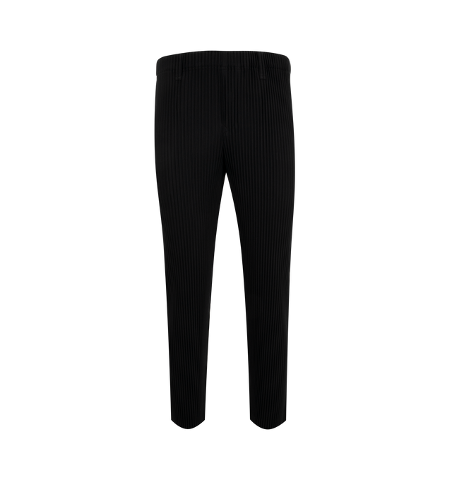 Image 1 of 4 - BLACK - Issey Miyake Basic Pants have an elastic waist with a mock fly, belt loops, side pockets, and signature pleated fabric. 100% polyester.