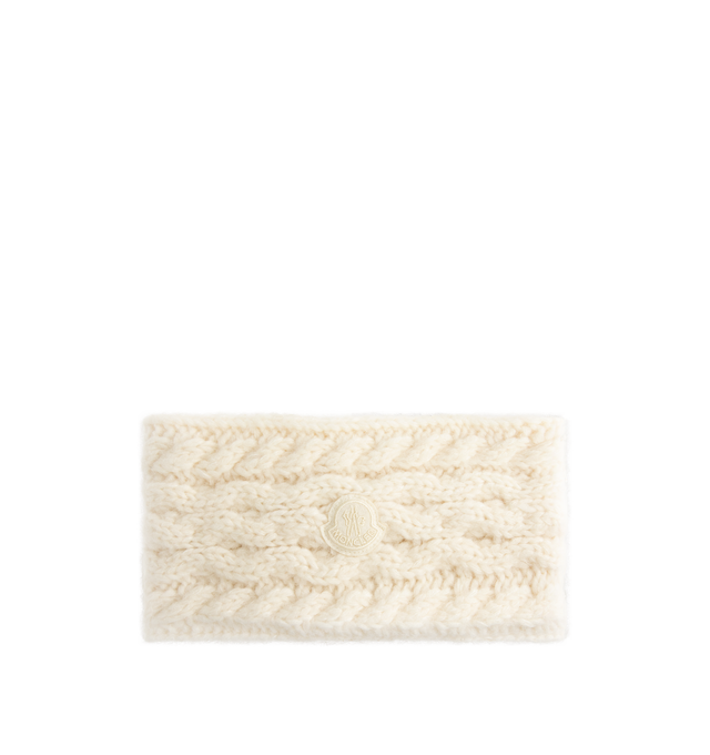 Image 1 of 2 - WHITE - MONCLER Alpaca Blend Headband featuring an alpaca, nylon, wool and mohair blend, cable and aran stitch, gauge 3 and logo patch. 39% alpaca, 25% polyamide/nylon, 22% wool, 14% mohair. Made in Italy.
