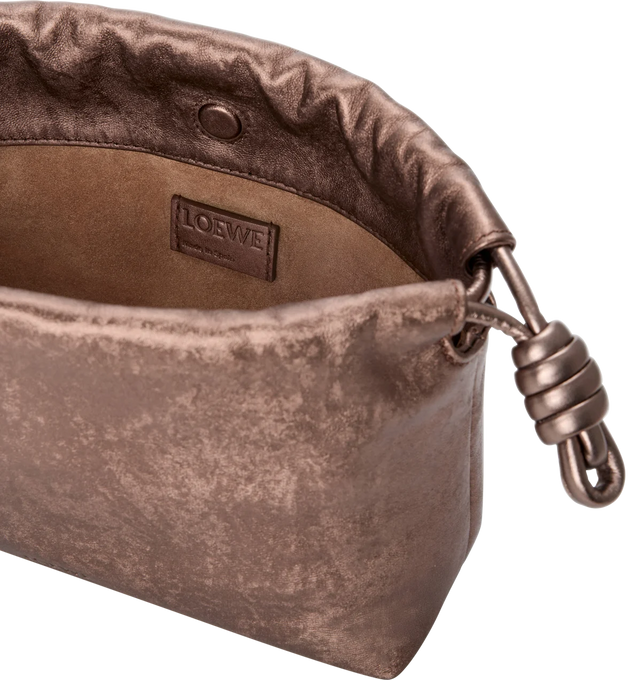 Image 4 of 4 - BROWN - LOEWE Mini Flamenco Purse in moir printed calfskin featuring a ruched shape and historical knot drawstrings, shoulder, crossbody or hand carry, detachable sliding donut chain with Anagram Pebble, magnetic closure, suede lining and embossed LOEWE. Moir printed calf. 14 cm x 21 cm x 8 cm. Made in Spain.