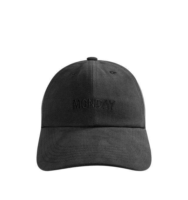 Image 1 of 2 - BLACK - VETEMENTS Monday Pristine Cap featuring embroidered text on front, curved brim and adjustable strap. 100% cotton. Made in Portugal.