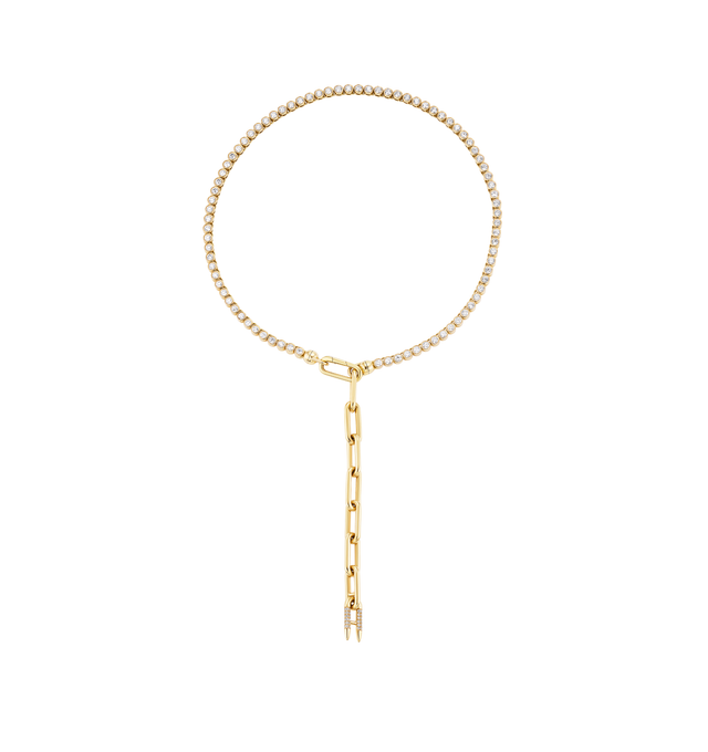 Image 3 of 3 - GOLD - Uniform Object Solid 14" 18K gold bezel set brilliant tennis necklace + 4" of heavy metal chain extender. Comes with a removable spring clasp + signature diamond encrusted spur. Crafted from 37G of 18K solid yellow gold with 8.7 TCW of 3MM round diamonds. Handmade in New York City. Hirshleifers offers a range of pieces from this collection in-store. For personal consultation and detailed information about jewelry, please contact our dedicated stylist team at personalshopping@hirshle