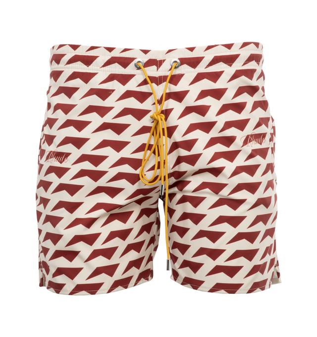 Image 1 of 4 - RED - RHUDE Dolce Vita Swim Short featuring pull-on styling with elastic waistband and front drawstring tie closure, mesh brief lining, 3-pocket styling and lightweight ripstop fabric. 100% polyester. Lining: 85% nylon, 15% spandex. 