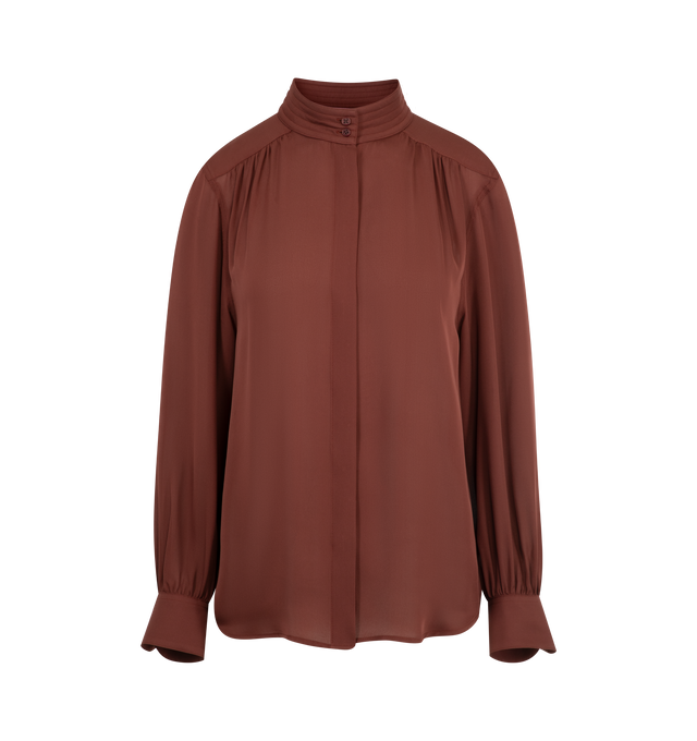 Image 1 of 2 - RED - Nili Lotan Relaxed fit blouse. Collar stand featuring tropunto topstitching. Hidden center front placket. Front yoke and sleeves with shirring. Billowy sleeves with buttoned cuffs and slits. Self-binding detail. Shirttail hem. Made in USA. 100% Silk.
