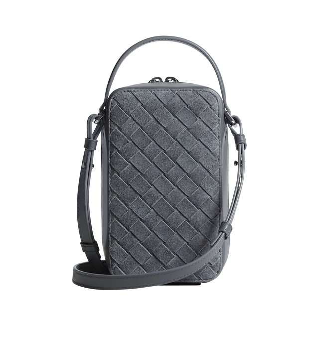 Image 3 of 4 - GREY - BOTTEGA VENETA Getaway Phone Pouch featuring intrecciato denim suede leather phone pouch, handle and adjustable cross-body strap, one main compartment, one flat inside pocket and zipper closure. Lambskin. Made in Italy.