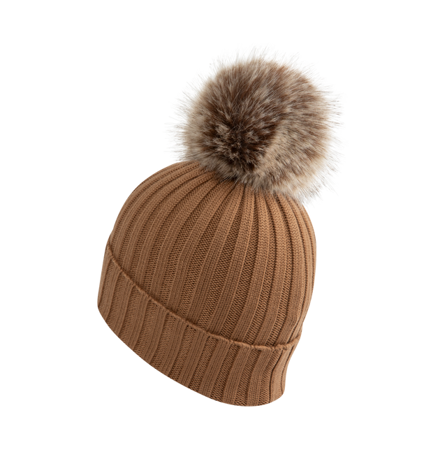 Image 2 of 2 - BROWN - MONCLER Wool Beanie with Pom Pom featuring Merino wool, ribbed knit and faux fur pom pom. 100% virgin wool.