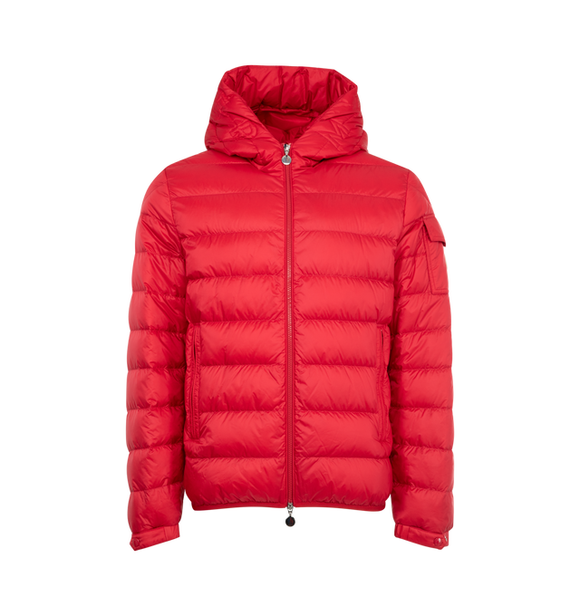 Image 1 of 3 - RED - MONCLER Najan Hooded Short Down Jacket featuring longue saison lining, down-filled, hood, zipper closure, zipped pockets, sleeve pocket with snap button closure, adjustable cuffs and quilted logo. 100% polyamide/nylon. Padding: 90% down, 10% feather.