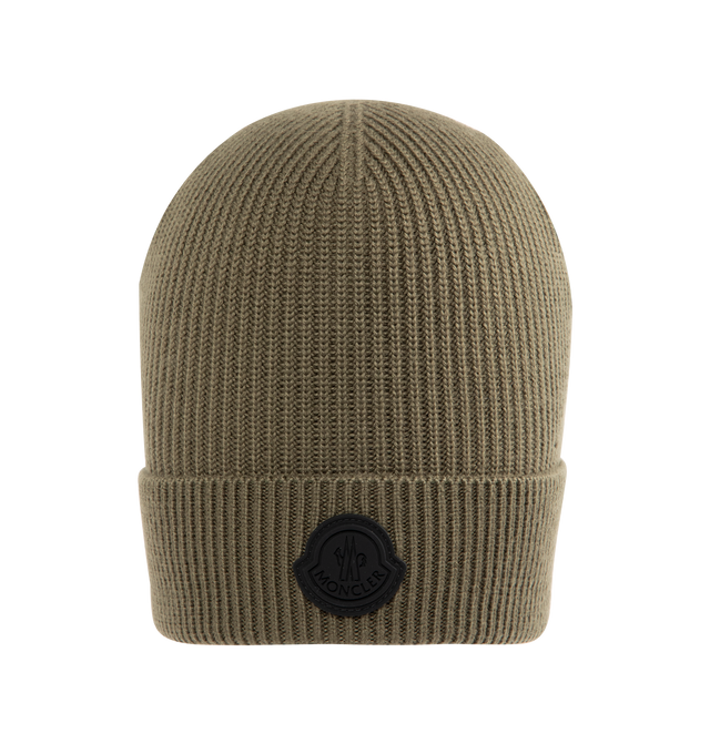 Image 1 of 2 - GREEN - MONCLER Knit Beanie featuring ribbed knit, turned up brim and logo. Wool. Made in Italy.