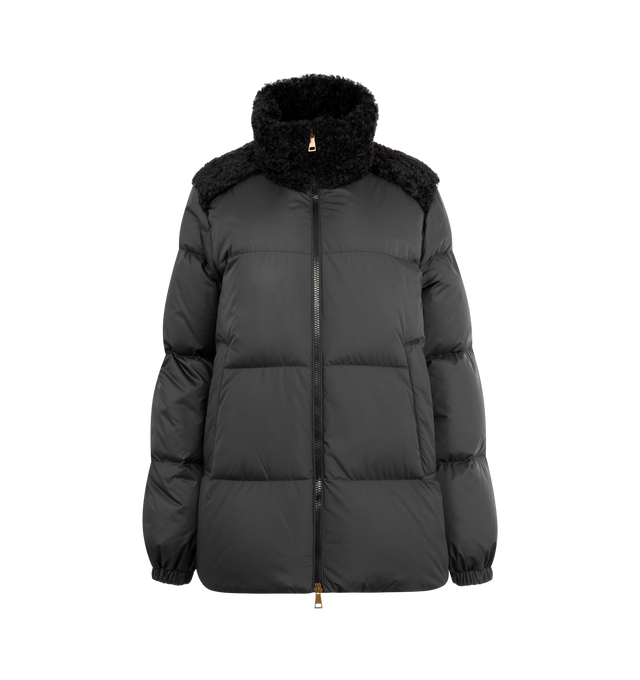 Image 1 of 3 - BLACK - MONCLER Esnaie Teddy-Trimmed Short Down Jacket featuring polyester lining, collar and back yoke in teddy fleece, down-filled, zipper closure and zipped pockets. 100% polyester. Padding: 90% down, 10% feather. Made in Moldova.