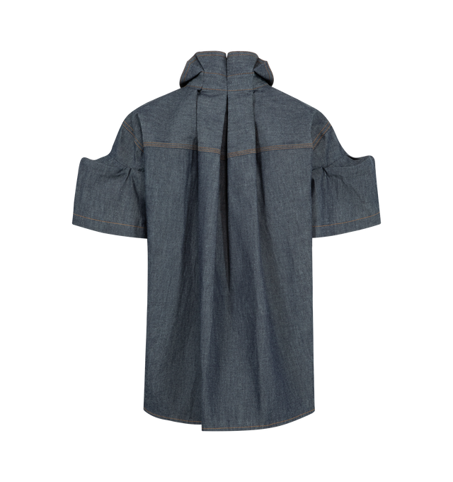 Image 2 of 2 - BLUE - SACAI Light Weight Denim Shirt featuring short sleeves, draping on the sleeves, button closure, collar and two upper front pockets. 100% cotton.