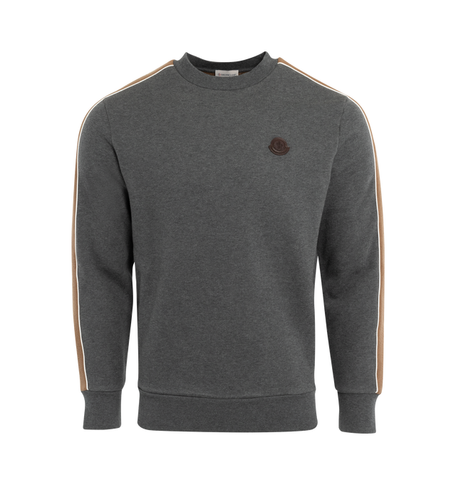 Image 1 of 3 - GREY - MONCLER SIDE-STRIPE LOGO SWEATSHIRT has contrasting side stripes, a crew neckline, leather logo patch at chest, banded cuffs and hem, is unlined and a pullover style.  
