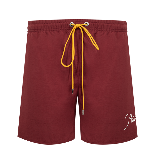 Image 1 of 3 - RED - RHUDE Radiator Swim Shorts featuring elasticated drawstring waist, side slip pockets, logo embroidery, back patch pocket, curved hem, internal mesh brief lining and pull on. 100% polyester. Lining: 85% nylon, 15% spandex.