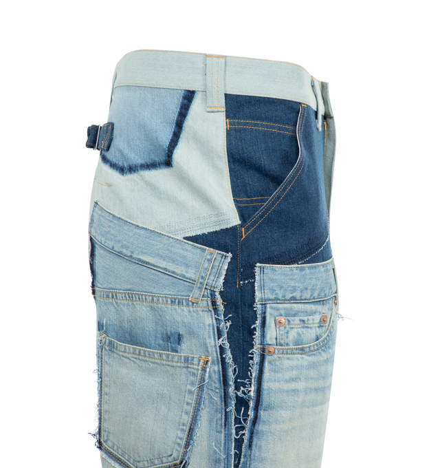 Image 3 of 3 - BLUE - JUNYA WATANABE Layered Jeans featuring belt loops, zip-fly, distressing and patchwork throughout and layered look. 100% cotton. Made in Japan.