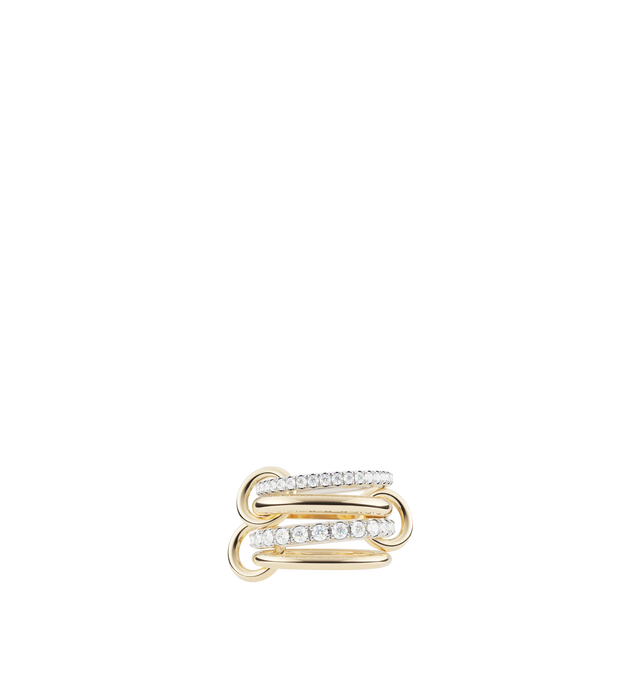 Image 1 of 1 - GOLD - Spinelli Kilcollin Women's Halley Ring is crafted from 18k yellow gold and 18k white gold and features four linked bands of varying gauges accented with pav-set white diamonds. Designed with alternating polished and diamond-set bands for a balanced silhouette, this handcrafted style is connected by three orbiting 18k yellow gold connectors and can be worn stacked or spread across multiple fingers. Main Material: 18k Yellow Gold and 18k White Gold. Bands: One 2.3 mm Gauge 18k White Gold
