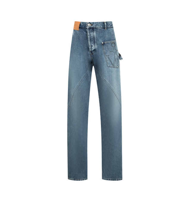 Image 1 of 3 - BLUE - JW ANDERSON Twisted Workwear Jeans featuring a large leather logo patch, anchor stitched pocket, engraved metal shank buttons, logo rivets and orange binding. 100% cotton. Made in Japan.