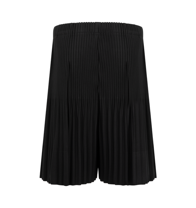 Image 2 of 3 - BLACK - Issey Miyake Men's shorts designed for portability and lightweight comfort, with the quick-drying properties unique to polyester. Featuring elastic drawstring waist, pockets on both sides and button-fly design. 100% Polyester. Made In Japan.