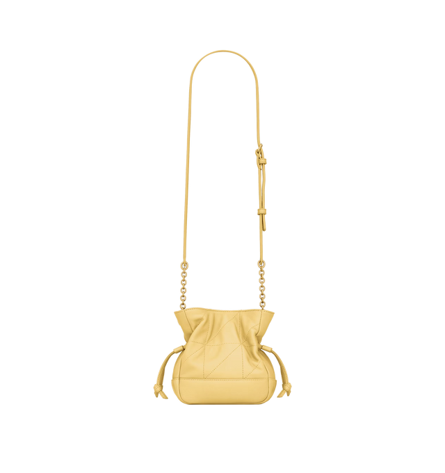 Image 2 of 3 - YELLOW - SAINT LAURENT Jamie Mini Shoulder Pouch featuring supple lambskin, carre rive gauche topstitching, cassandre on front, leather-and-chain strap for shoulder or crossbody carry, drawstring ties, leather lining, bronze-tone hardware and snap-button closure. 5.7" x 6.1" x 3.1". Strap drop: 19.7". Lambskin. Made in Italy.