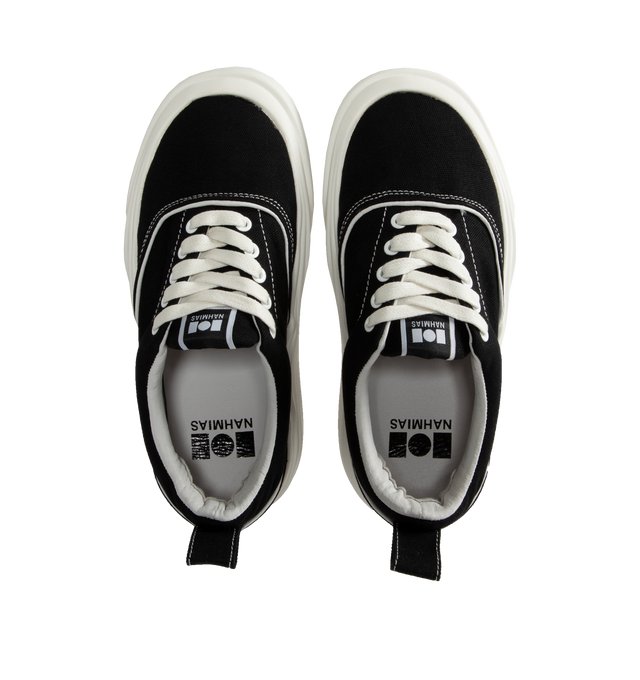 Image 5 of 9 - BLACK - NAHMIAS Ollie Sneaker featuring round rubber cap toe, lace up closure, textile logo patch at tongue, branded logo detail on outsole lip, padded tongue and collar, treaded logo outsole, rubber midsole, logo emboss on heel and logo gum bottom.