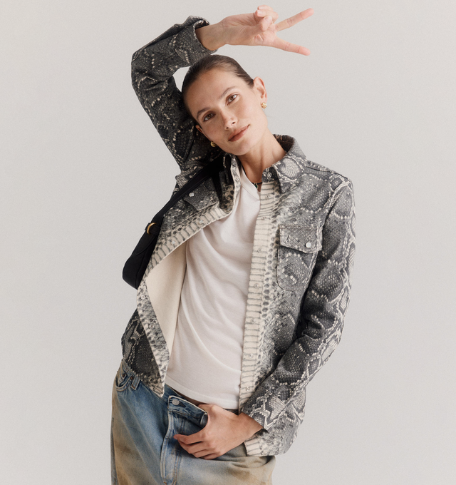 Image 2 of 3 - GREY - GABRIELA HEARST John Austin Shirt featuring loose fit, long sleeve, button-up, dual pockets and print throughout. 100% recycled cotton. Made in Italy.