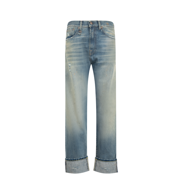 Image 1 of 3 - BLUE - R13 Cuffed Boyfriend Jean is crafted from denim and features the brand's signature relaxed boyfriend silhouette with oversized rolled cuffs. Designed with a mid-rise waist, classic five-pocket construction, and a worn-in wash that enhances its vintage-inspired character. Main Material: Cotton.