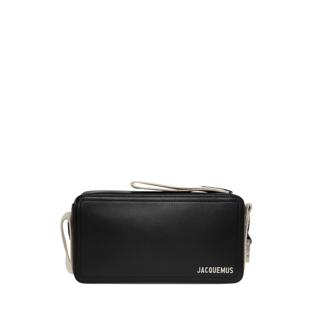 Image 1 of 3 - BLACK - Jacquemus Utility rectangle bag featuring adjustable shoulder strap and metal buckle, zip closure, exterior patch pocket, engraved lobster clip, interior zipped pocket, interior patch pocket, webbed shoulder strap and silver metal logo and hardware. Measures 23 x 12 cm. 