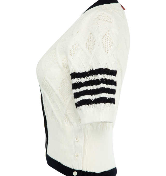 Image 3 of 3 - WHITE - THOM BROWNE Argyle Pointelle 4-Bar Cardigan featuring v-neck, short sleeves, button fastening, signature 4-Bar stripe at the sleeve, RWB stripe tab at the back and ribbed cuffs and hem. 100% cottton.