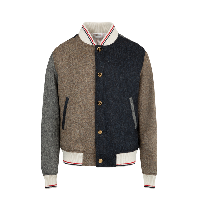 Image 1 of 3 - MULTI - THOM BROWNE Funmix Solid Donegal Tweed Jacket featuring front press-stud fastening, two side welt pockets, stand collar and signature grosgrain loop tab.