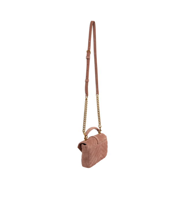 Image 2 of 3 - PINK - Saint Laurent mini version of the COLLEGE bag decorated with the CASSANDRE and chevron-quilted topstitching. Features a top handle and detachable leather-and-chain strap that can be worn two ways, magnetic snap closure, and one flat pocket. Measures 7.9" x 5.1" x 1.2" with 19.7" strap drop. Calfskin suede with cotton lining, bronze-toned hardware. Made in Italy.
