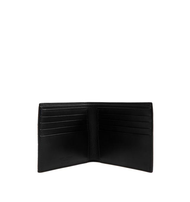 Image 3 of 3 - BLACK - Saint Laurent YSL Monogram Wallet is crafted in leather with a crocodile embossed design, a metal YSL in the corner, 2 bill compartments, 8 card slots, and 2 receipt pockets. 3.7 H x 4.3 W x 0.9 D inches. 100% leather. Made in Italy.