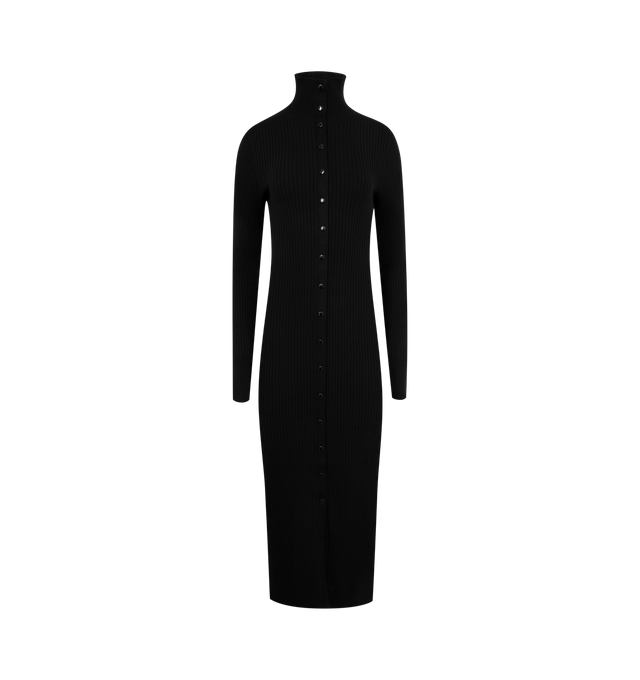 Image 1 of 3 - BLACK - Moncler x EE72 by Edward Enninful Wool Turtleneck Dress featuring merino wool, rib knit, gauge 18, turtleneck, long sleeves, snap button closure and logo patch. 100% virgin wool. Made in Italy.