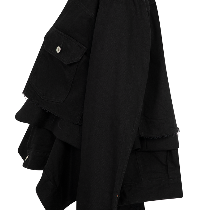 Image 3 of 3 - BLACK - SACAI Denim x Wool Melton Jacket featuring long sleeves, button front closure, layered look, front flap button pockets and collar. Cotton, wool.