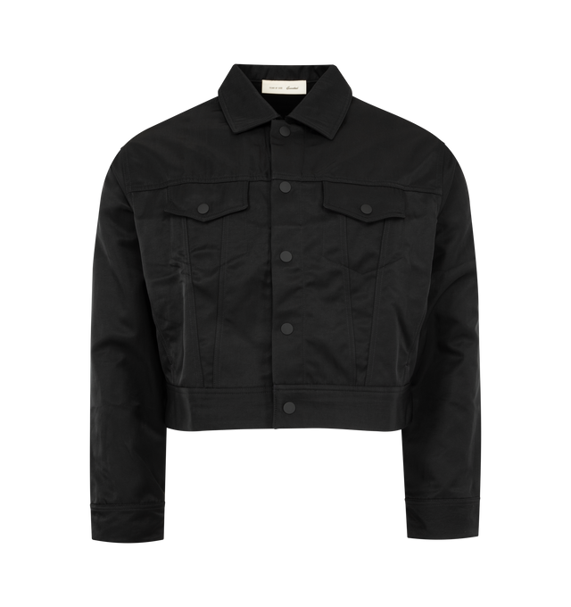 Image 1 of 3 - BLACK - FEAR OF GOD ESSENTIALS Textured Nylon Trucker Jacket featuring a textured nylon, cropped, boxy fit, shirt collar, flap pockets, antique metal hardware and Essentials signature label at the back collar. 100% nylon.