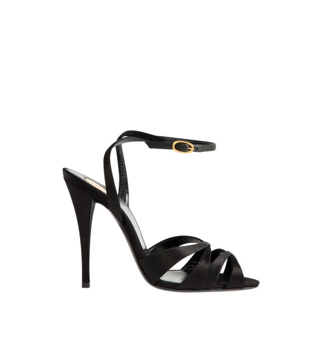 Image 1 of 7 - BLACK - SAINT LAURENT Chandelle Sandals in satin crepe featuring an almond toe, crisscrossed straps, covered heel, an adjustable ankle strap, certified viscose and silk, leather sole and round saint laurent-engraved metal plaque on the insole. 110mm. Viscose, silk. Made in Italy.