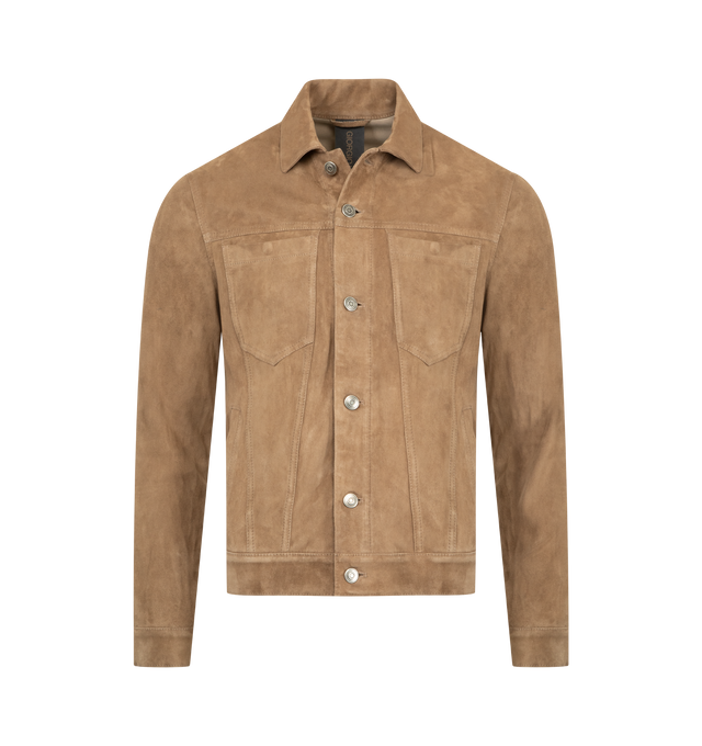 Image 1 of 3 - BROWN - GIORGIO BRATO Suede Jacket featuring shirt style collar, button closure, chest pockets, buttoned cuffs and long sleeves. 100% leather. Made in Italy.