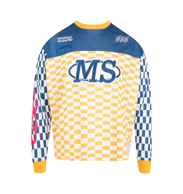 Image 1 of 2 - MULTI - MARKET Mechanix Mesh Racing Jersey featuring mesh fabric, ribbed collar and cuffs, all-over printed checkered pattern, custom logo patch on chest, TPU appliques below collar and on upper back, printed graphics on sleeves and woven label above front left hem. 100% polyester.