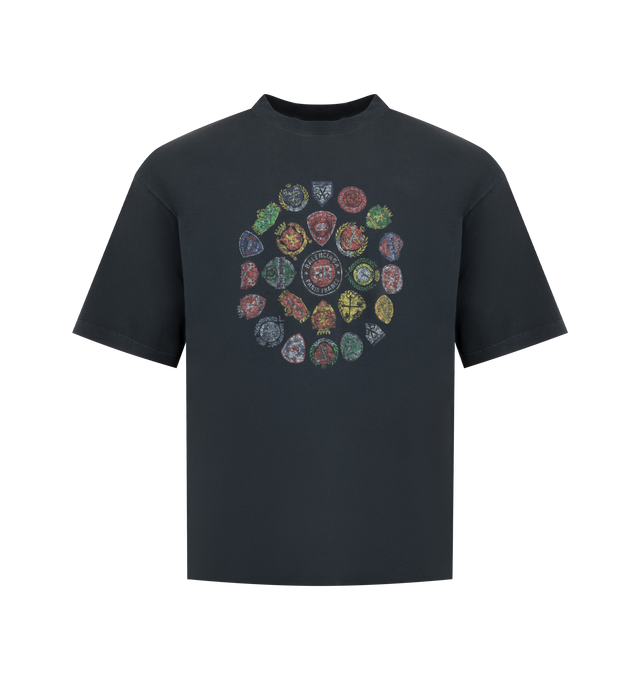 Image 1 of 2 - BLACK - BALENCIAGA Spiral Crest T-Shirt Medium Fit in faded dry jersey featuring crewneck, short sleeves and spiral crest artwork printed at front and back. 100% cotton. Made in Portugal.