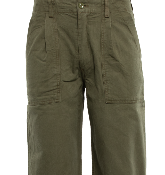 Image 2 of 3 - GREEN - NOAH Pleated Fatigue Pants featuring patch pockets on front with pleat, zip-fly and button-closure and patch flap pockets with button-closure on back. 100% cotton Japanese twill. Made in Portugal.  