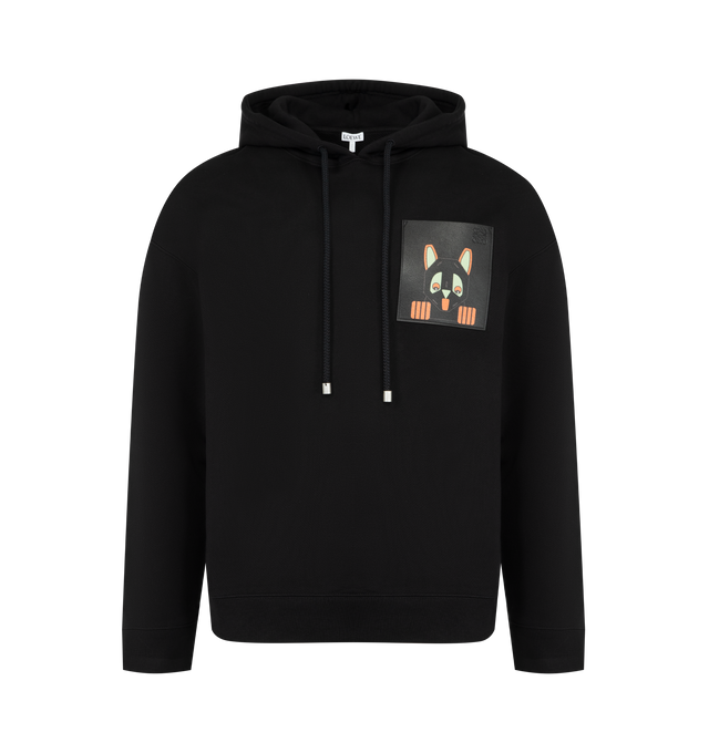 Image 1 of 2 - BLACK - LOEWE Relaxed Fit Hoodie in medium-weight loopback cotton fleece featuring a Futurist Cat intarsia on the leather chest patch pocket, relaxed fit, regular length, hooded collar, ribbed cuffs and hem and embossed Anagram on the chest pocket. Cotton. Made in Portugal.
