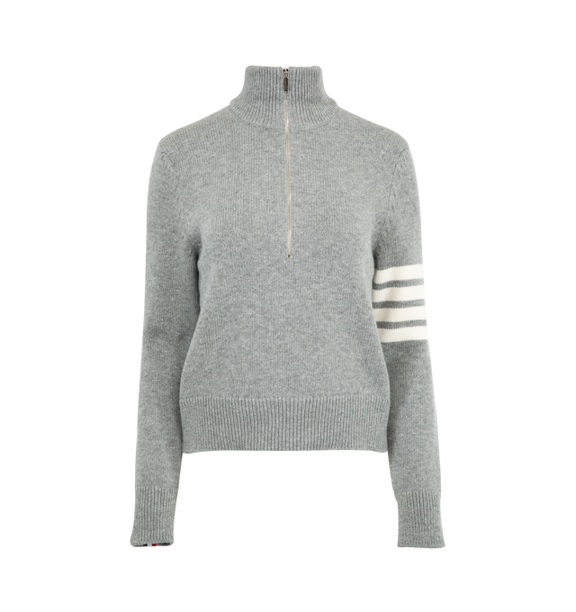 Image 1 of 2 - GREY - THOM BROWNE Funnel Neck Half Zip Pullover featuring ribbed collar, cuffs and hem, half zip, funnel neck, long sleeves, 4-bar detailing and signature striped grosgrain loop tab. Merino wool.