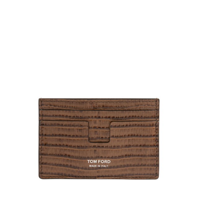 Image 1 of 3 - BROWN - Tom Ford T Line Card Holder is crafted from soft grain calf leather and features the signature elongated T detail. This designer combines refined craftsmanship with elevated functionality for daily use. Main Material: 100% Calf Leather. Lining: 70% Calf Leather, 30% Sheep Leather. Made in Italy.