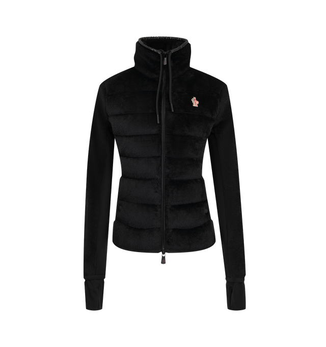 Image 1 of 1 - BLACK - Moncler Women's Plush Padded Zip-Up Sweatshirt is crafted from Polartec High Loft velvet fleece and features a down-filled front, an adjustable hood, and a front zip closure. Designed for trekking and hiking, this regular-fit layer is finished with snap-button pockets, elastic cuffs and hem, and stretch wrist gaiters for added comfort and protection. Main Material: 97% Polyester, 3% Elastane. Lining: 89% Polyester, 11% Elastane. Collar Lining: 97% Polyester, 3% Elastane. Front Lining: