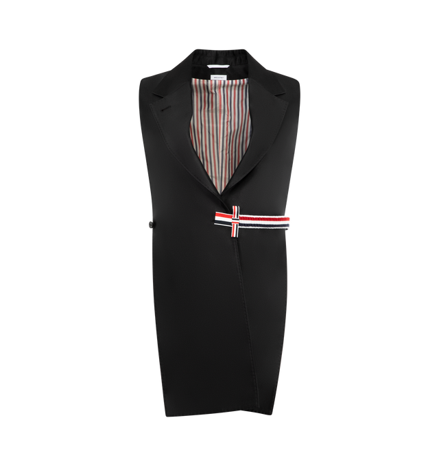 Image 4 of 4 - BLACK - THOM BROWNE 2 in 1 Sportcoat featuringFfront button closure with striped grosgrain bow, 2 front flap pockets, single chest pocket, buttoned cuffs with signature striped grosgrain trim, interior pocket with name tag, removable sleeves and signature striped grosgrain loop tab. 100% cashmere. 58% wool, 42% silk. Lining: 100% cupro. Made in Italy.